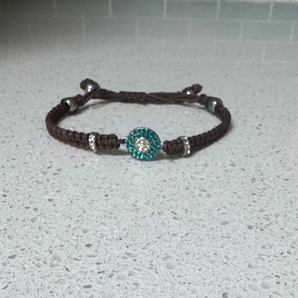 Blue pavé stone charm adjustable brown braided woven leather bracelet OS